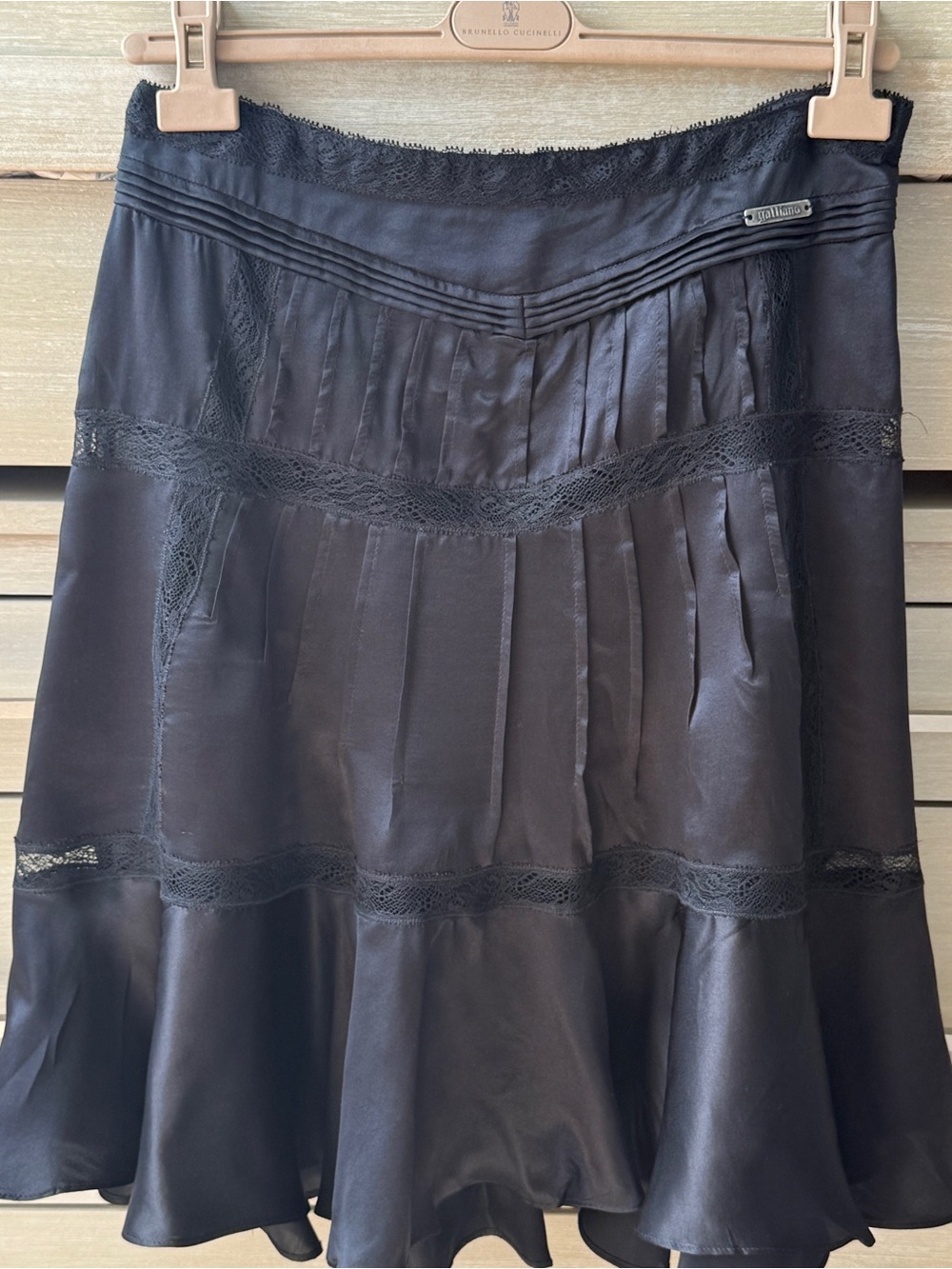 Galliano Black Silk A-Line Lace-Trim Skirt